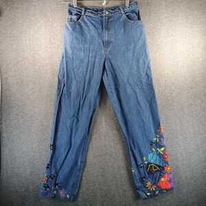 Chicos Design Womens 1 Floral Embroidering Bee Relaxed Fix Dark‎ Wash Patchwork